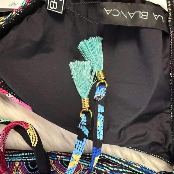 La Blanca Halter Bikini Top Black Multi Floral Embroidered Swimwear Size 12 NWT - Picture 3 of 6